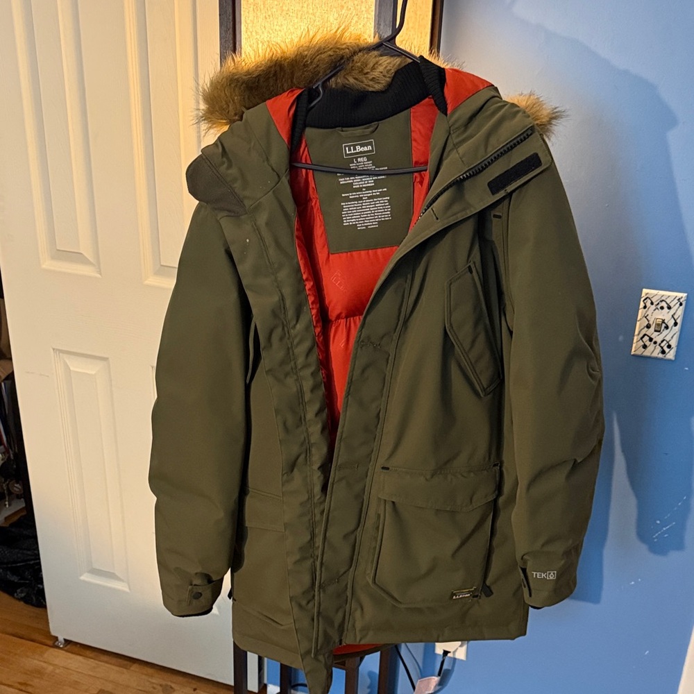 L.L. Bean Olive Jacket with Fur Trim and Red Lining